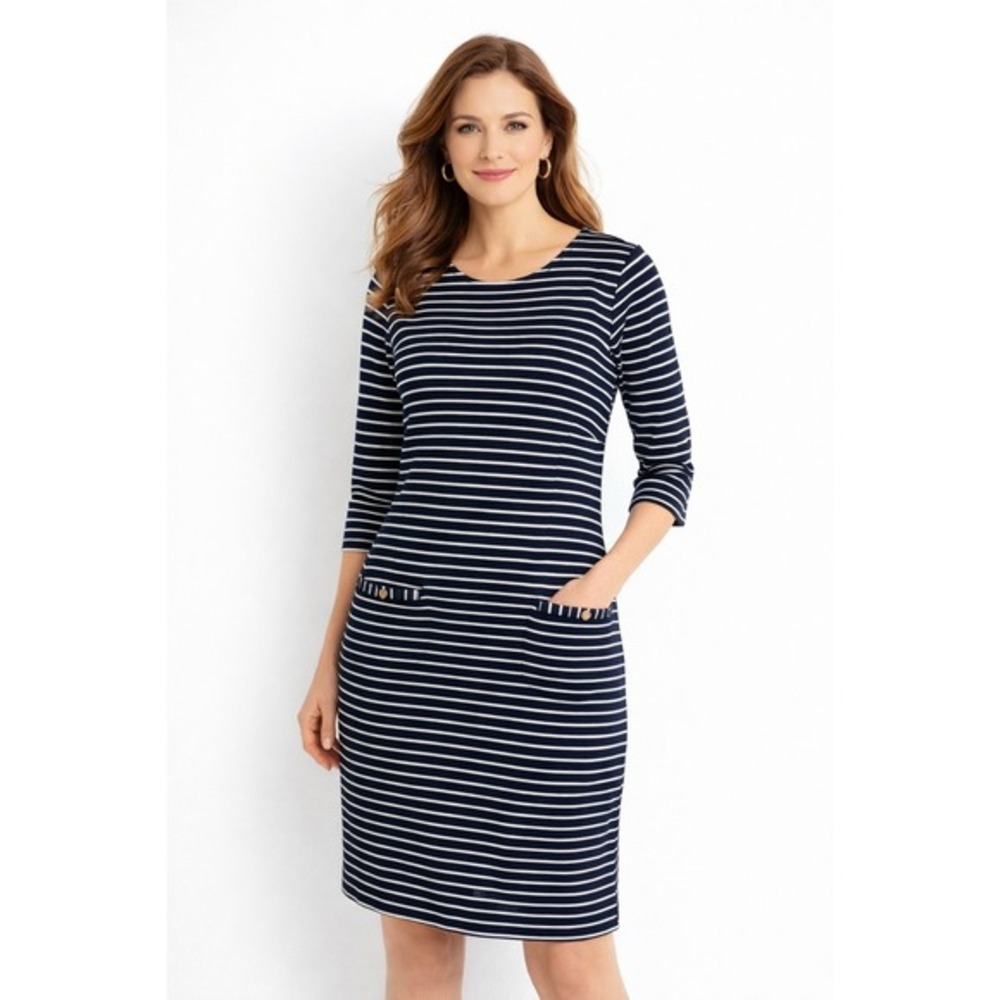 Talbots Petite Striped Sheath Dress Navy White Gold Button Pockets 12P